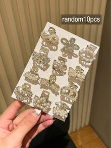 10入隨機混色女款仿珍珠水鑽半紮髮抓夾 - 彩色 - 查看 4