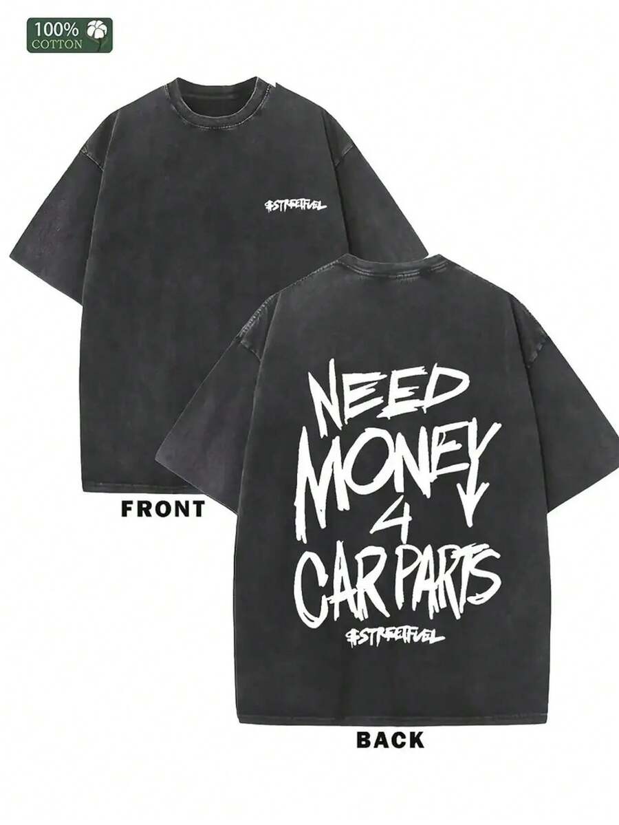 Vintage Washed T-Shirt, Thick Cotton With Double Graphic Illustrative Print, Unisex Cut, Variety Of Sizes, Casual Garment, Urban Fashion, Manga Style - 黑色 - 查看 1