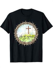 Funny Retro T-Shirt "Jesus Has Risen" Matthew 28:6, Easter T-Shirt For Men, Women, And Couples, Fashionable Short-Sleeve Cotton T-Shirts, Urban Style T-Shirt, C - 白色 - 查看 1