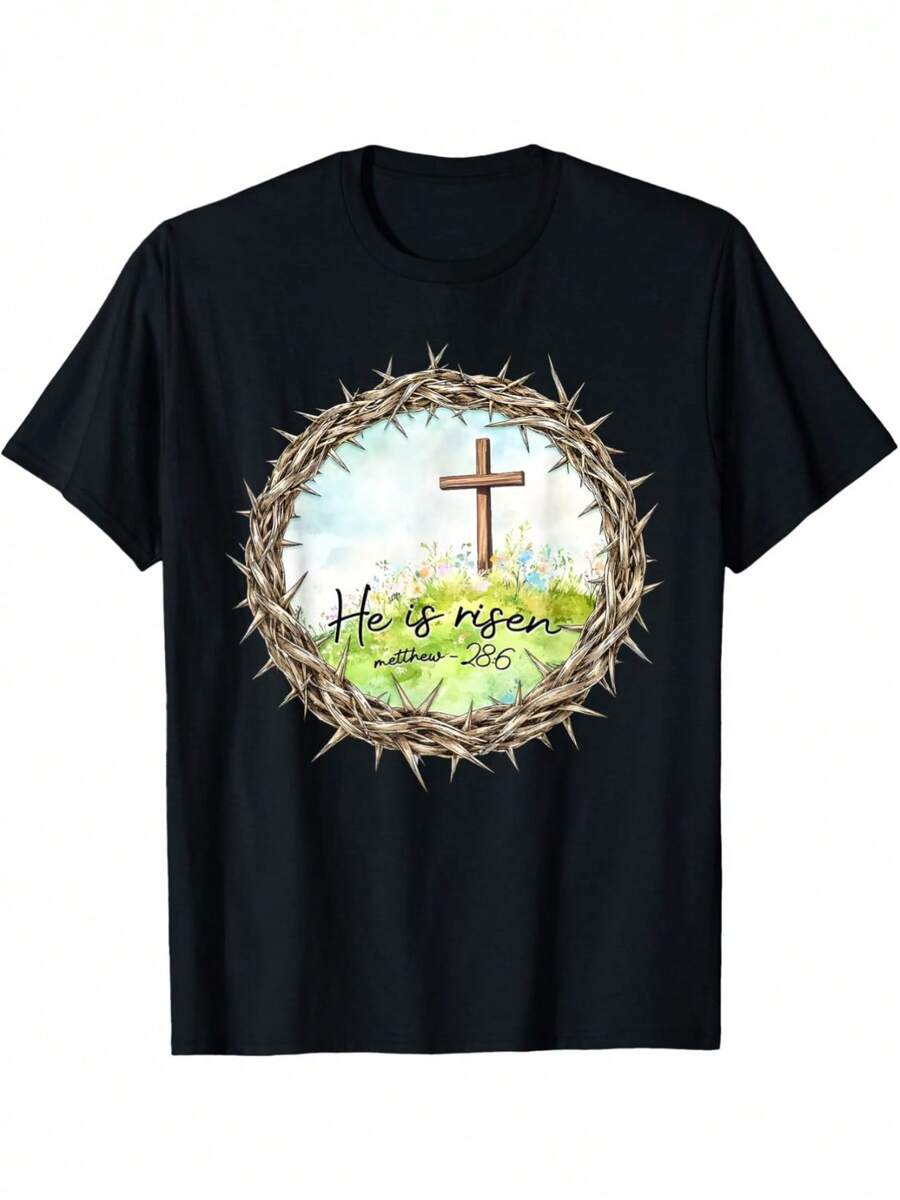Funny Retro T-Shirt "Jesus Has Risen" Matthew 28:6, Easter T-Shirt For Men, Women, And Couples, Fashionable Short-Sleeve Cotton T-Shirts, Urban Style T-Shirt, C - 白色 - 查看 1