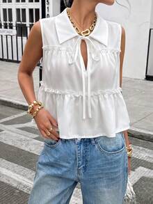 Women's New Spring/Summer Solid Color Sleeveless Elegant Top Vest With Ruffle Collar, Casual , Dating, Outing, Home, Vacation, Beach, Holiday White - White - View 5