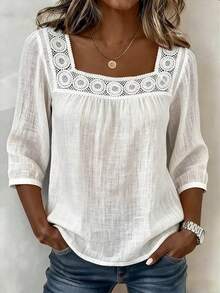 2026 New Summer Solid Color Casual Square Neck Lace Trim Three-Quarter Cotton-Linen Short Sleeve Top For Women - Red - View 7