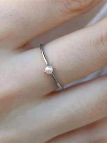 1 pieza Anillo de perla de tono plateado minimalista de 4 garras, apto para uso diario - Plateado - Ver 7