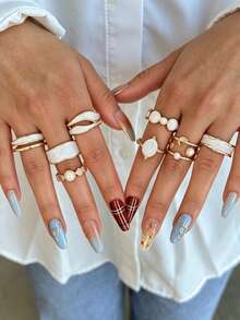 17KM Juego de 8/6 anillos apilables asimétricos con diseño de gota de aceite, corazón, estrella y luna, estilo Old Money, moda sencilla para mujer, hermanas, vacaciones de verano, citas, regalo, uso diario casual, fiesta y boda - Multicolor - Ver 1