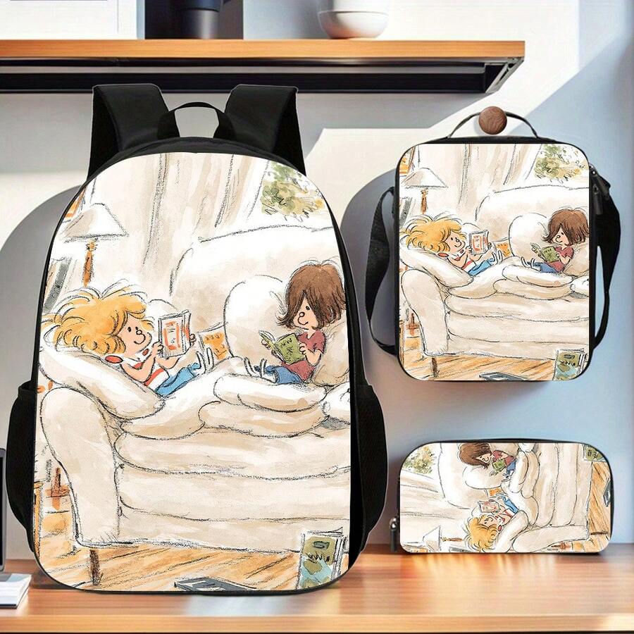 3-teiliges Rucksack- und Taschenset, kompatibel für Männer und Frauen - Leichte Polyester-Reisetaschen mit Laptopfach, verstellbarer Umhängetasche/Handtasche, doppeltem Verschluss - Stilvoll für Pendeln, Outdoo - Schwarz - Übersicht 1