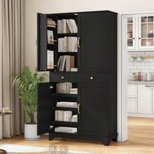 Tall Cabinet With Adjustable Shelves And Drawers, Bookcase With Sliding Shelves And Refrigerator Doors, Ideal For The Dining Room, Living Room And Kitchen (White) - Black - View 5