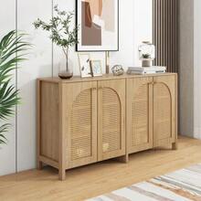 Modern Minimalist Sideboard With 4 Rattan Doors And Metal Handles; Simple Storage Unit For Dining Room, Living Room Or Kitchen (White) - 自然色 - 查看 5