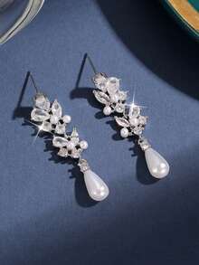 1pair Elegant Leaf Tassel Cubic Zirconia & Faux Pearl Dangle Earrings For Women Festivals Wedding Engagement Anniversary Party Jewelry Gift - White - View 5