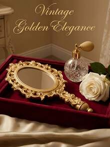 1pc French Style Gilded Carved Handheld Mirror, Suitable For Bathroom Vanity Makeup Set Mirror, Home Washroom, Bedroom Skincare, Bedroom Homestay Soft Decor All-Scene Matching - one-size - View 3
