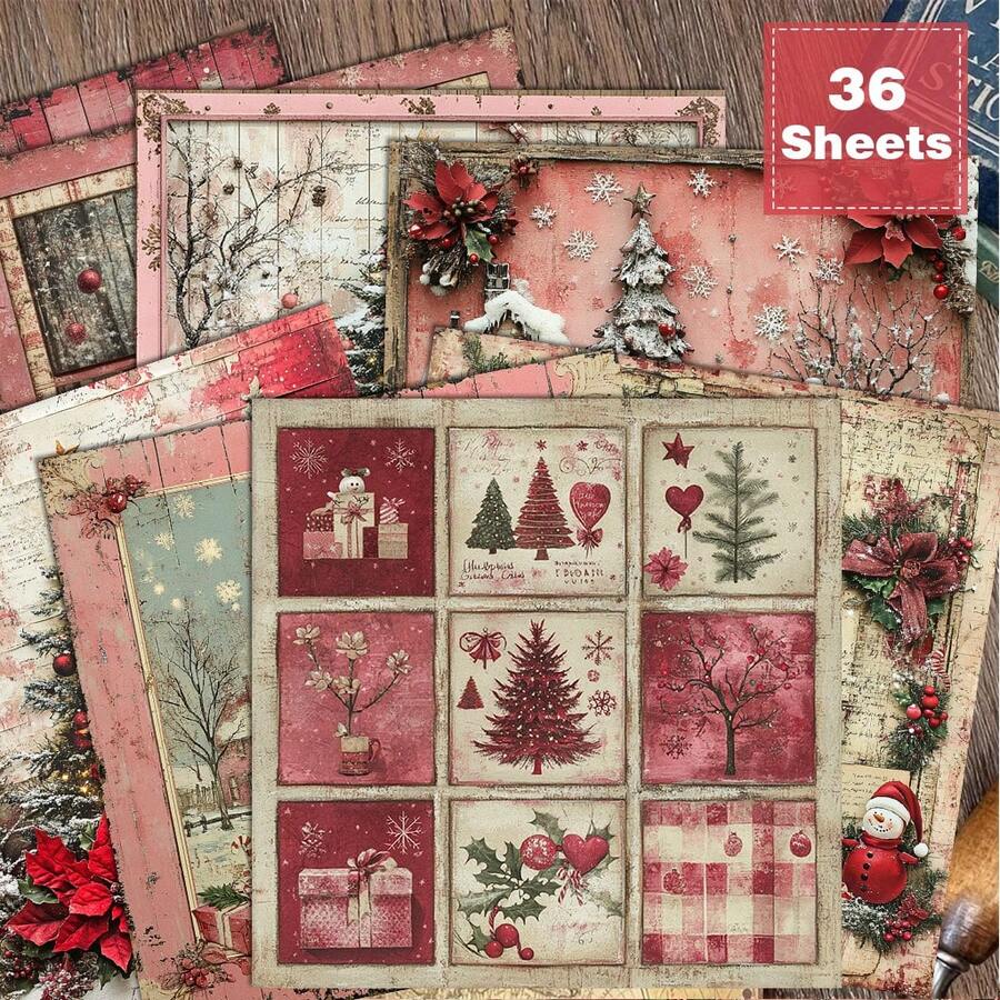 36 miếng giấy 6*6 inch phong cách vintage giả cổ sơn dầu tông đỏ cây thông Noel cho scrapbook/sổ tay, phù hợp làm collage, origami và vật liệu ghi chép, giấy DIY, scrapbook thủ công, bullet journal, thiệp chúc mừng, gói quà và trang trí nhà cửa - Hình vuông - Xem 1