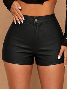 Women's Lightweight Casual Solid Color Coated Shorts, Sexy Street Style For Vacation - Black - View 5