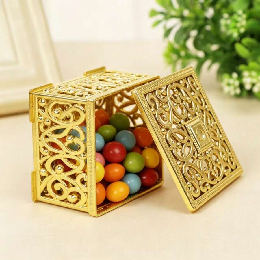 European Style Hollow Gold Wedding Candy Box, Wedding Favor Candy Box, Wedding Gift Storage Box, Wedding Return Gift Candy Packaging Box, Party Holiday Gift Candy Box, Mini Square Wedding Favor Box, Candy Jewelry Universal Storage Gift Box, Halloween Candy Box (Minor Flaws) - View 1