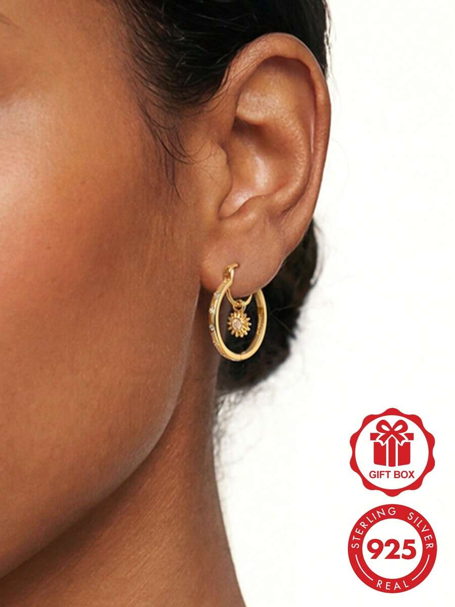 1 Pair Original 925 Sterling Silver Round Hoops For Women, With An 18K Gold Plating,Sun And Moon Design Hanging Inside, Set With Blue Cubic Zirconia. - Gold - View 1