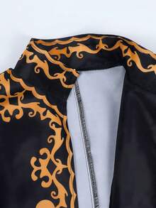 New Vintage Palace Style Jacket, Black Base With Striking Orange Vine Print, Stand Collar Design Showcases Noble Elegant. Cuffs Accented With White Lace Trim, Exquisite Details Highlight Luxury And Elegance. Eye-Catching Costume For Halloween, Masquerade Ball - Black - View 6