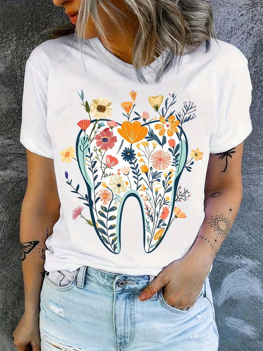 Dental Wildflower Print T-Shirt, Dental Team T-Shirt, Dental Assistant T-Shirt, Dentists Group T-Shirt, Nature Lover T-Shirt - 白色 - 查看 1