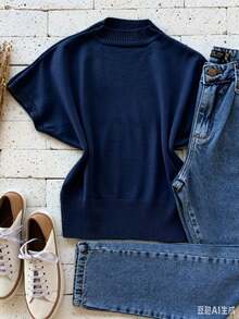 Modal Knit Turtleneck Sweater With Short Sleeves, Batwing Style, For Winter! - Navy Blue - View 1