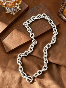 1/3pcs Women's Chunky Oval Chain Necklace With T-Bar Clasp, Minimalist Paperclip Style Collarbone Chain With OT Clasp - OT Buckle Oval Chain - View 6
