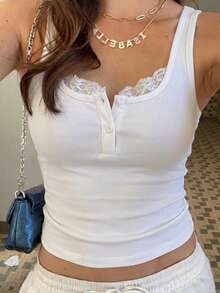 DODOMI Camisola de punto acanalado con botones para mujer, sexy, cuello cuadrado, sin mangas, con ribete de encaje, casual, blanca, de verano - Blanco - Ver 1