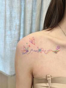 1 Pc Rainbow Outline Butterfly Cursive Quote Temporary Tattoo, Waterproof Curved Collarbone Fake Tattoo, Star Floral Accent Body Art For Shoulder & Clavicle - Multicolor - View 3