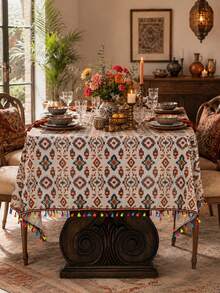 1pc Bohemian Print Tablecloth With Rainbow Woven Tassels, Decorative Table Cover For Dining Table, Coffee Table And Bedside Cabinet, Suitable For Home Decor, Party, Banquet, Picnic And Camping, All Seasons - Multicolor - View 8