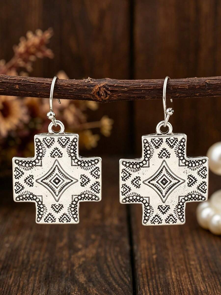 1 Pair Western Cross Geometric Totem Distressed Earrings, Vintage Personalized Minimalist Earrings - Antique Silver - View 1