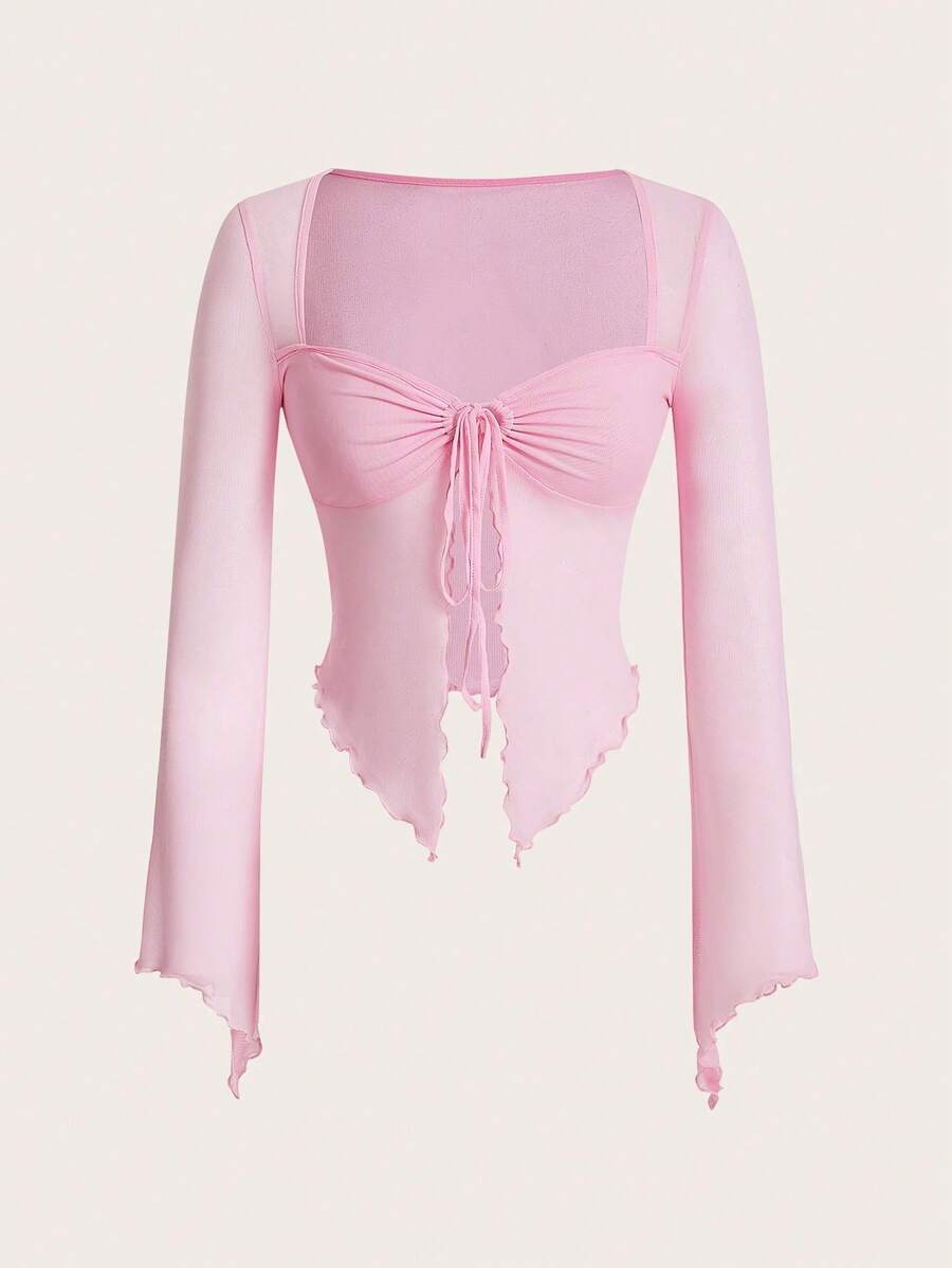 Camiseta Con Mangas Acampanadas Y Parte Delantera Anudada - Rosa Pálido - Ver 1