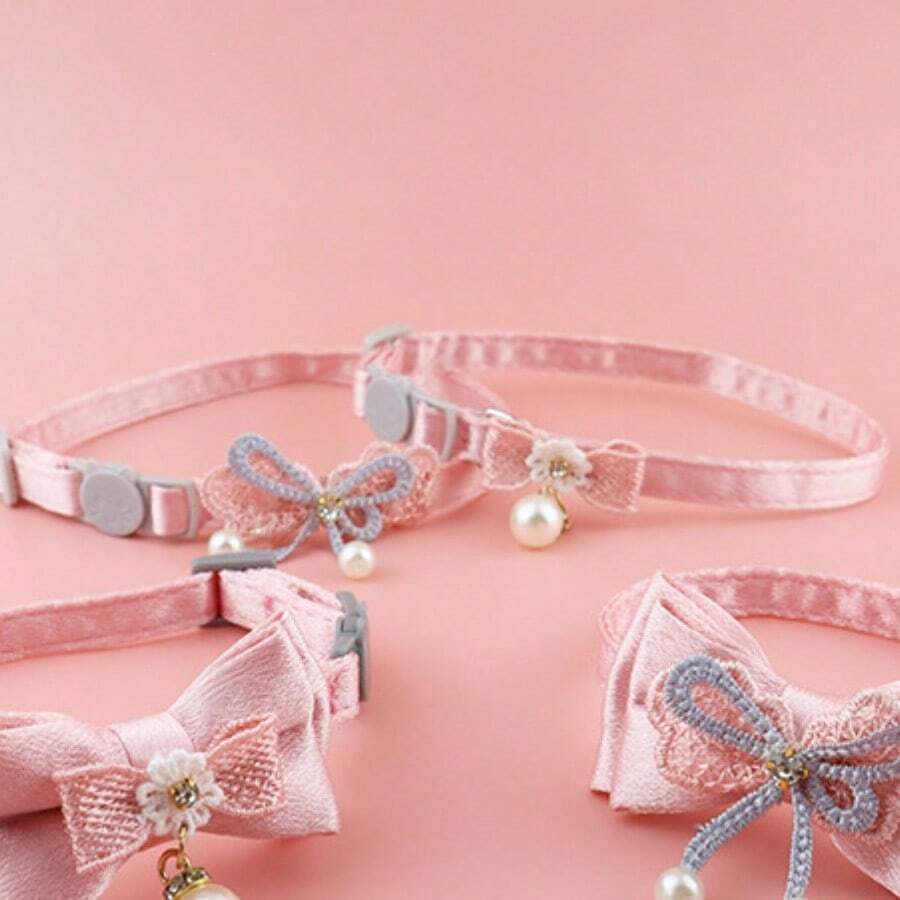 Fairy Pink Lace Cat Collar Necklace With Bow, Beads And Bell, Pet Cat Supplies - Multicolor - View 1