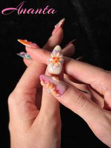 10pcs Almond Shaped Acrylic Press-On Nails, Handmade 3D Floral Design, Water Drop Shape, French Tie Dye Gradient Blended Nails, Summer Vibe Hot Girl Style, Wearable Nails For Party, Wedding, Daily Wear, With Tool Kit, Suitable For Girls And Women - Multicolor - View 6