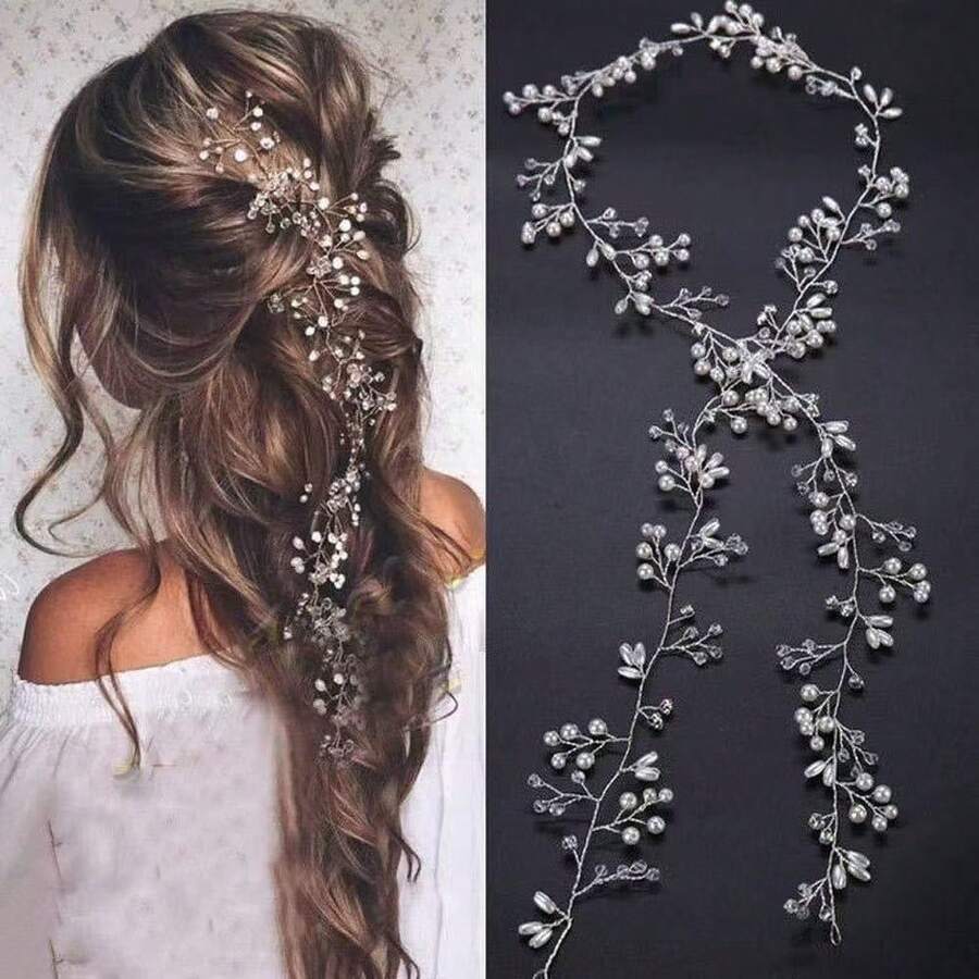 1pc Silver 50CM/19.68INCH Bridal Hair Accessory Handmade Woven Pearl Crystal Hairband Hairpin Suitable For Wedding Dress Bridesmaid Accessories Banquet Graduation Prom,Headpiece - White - View 1