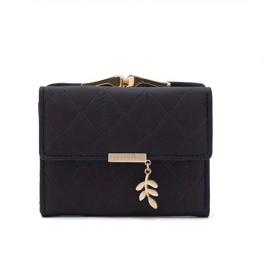 This Elegant Quilted Wallet Is Designed Specifically For Women And Features A Leaf-Shaped Pendant. - 黑色 - 查看 1