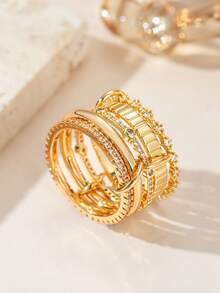 5th Ring 精緻立方鋯石 18K 金多層可疊戴戒指，中性款，適合日常穿戴、派對與夜店 - 金色 - 查看 8