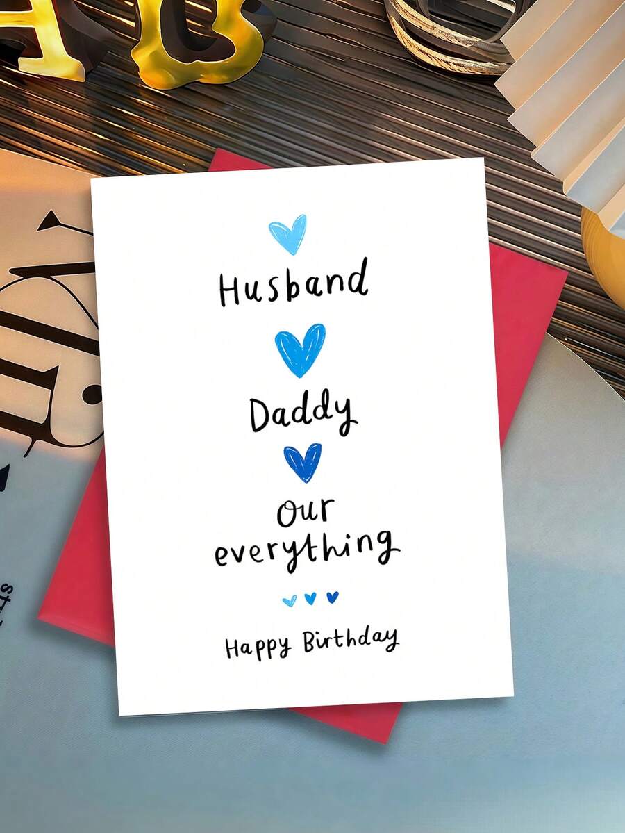 1pc "Husband Daddy Our Everything" Birthday & Father's Day Card With Envelope, Cute Blue Heart Design, Sweet Gift For Husband & Dad From Wife And Family, Blank Inside - A - View 1