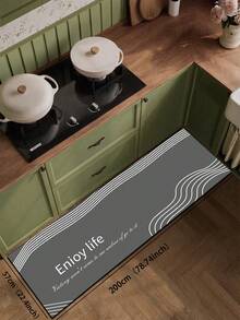 1pc Diatom Mud Kitchen Floor Mat With Dark Grey Background, White Parallel Curved Line Decor On Four Corners, White "Enjoy Life" Theme English Text And Small Lettering In The Center, Minimalist Ins Style Line Letter Geometric Pattern, Luxury Fashionable Cushioned Anti-Fatigue Kitchen Rug - Multicolor - View 10