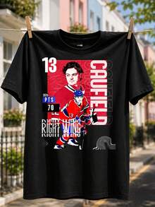 Red Caufield 13 T-shirt, modern hockey collage with 2026 points 70 and right wing typography, bold layout 100% Cotton 1PC 180g - Negro - Ver 1