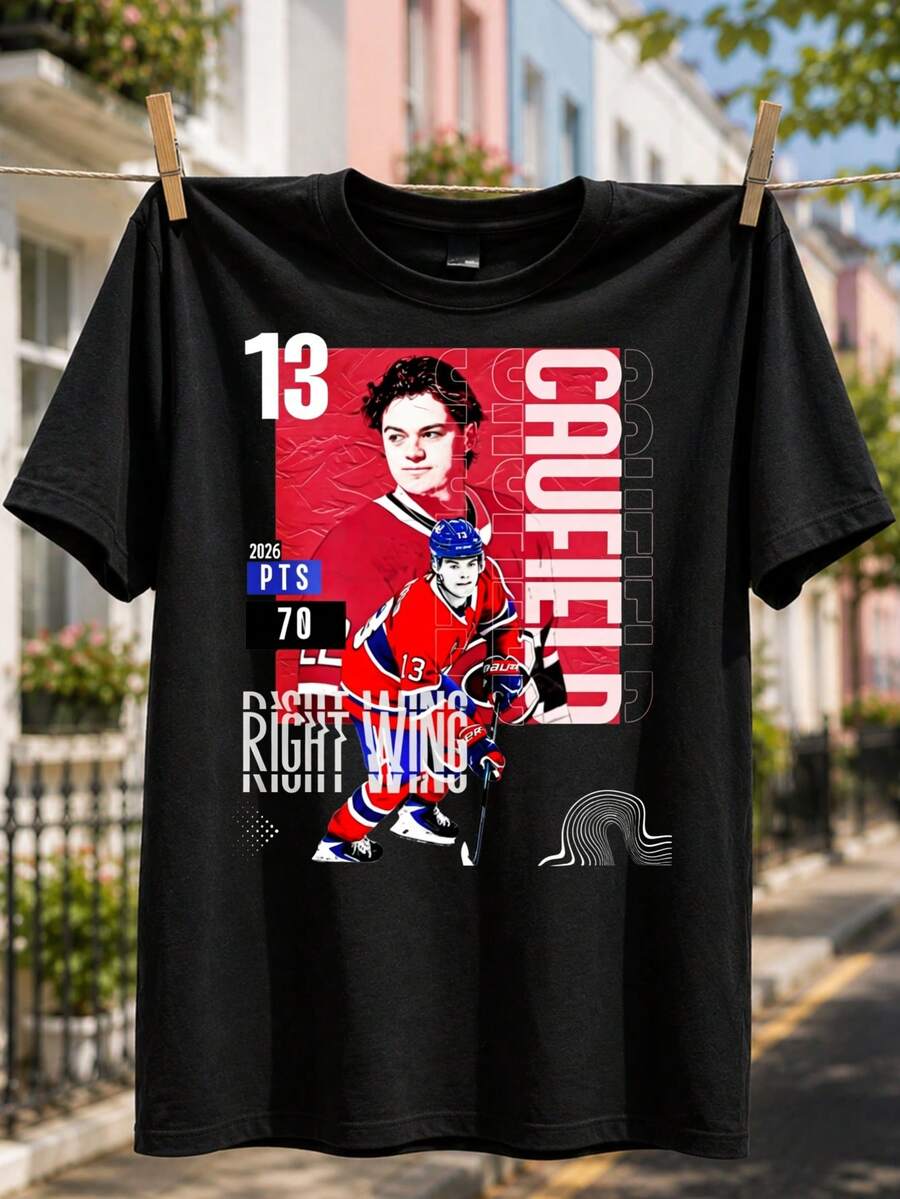 Red Caufield 13 T-shirt, modern hockey collage with 2026 points 70 and right wing typography, bold layout 100% Cotton 1PC 180g - Negro - Ver 1