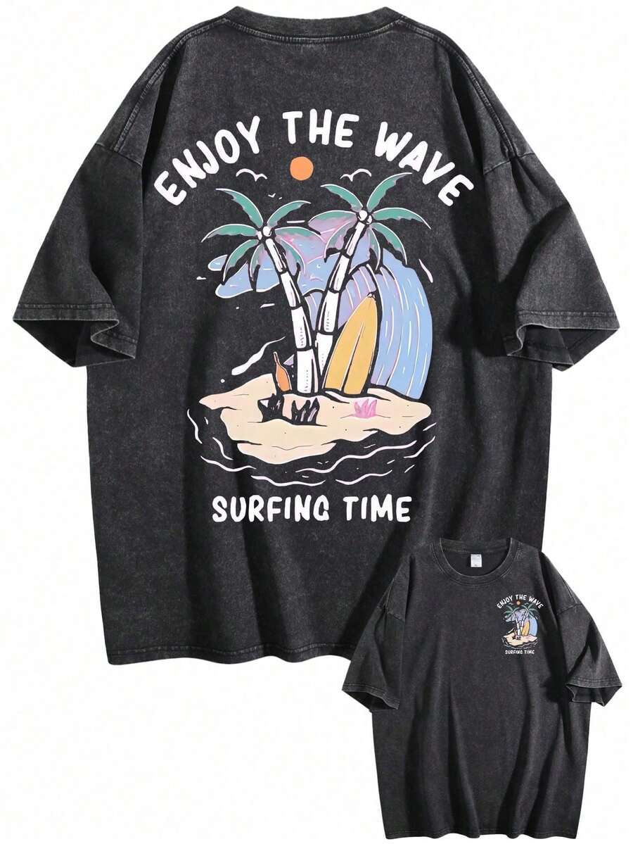 stema de colores clásico de surf, tela duradera lavable a máquina, camiseta de manga corta en estilo callejero de verano, ropa retro, material suave, adecuada para la playa y el ocio diario. - Negro - Ver 1