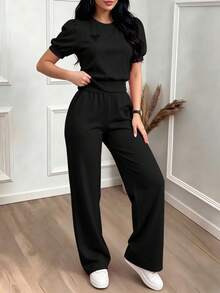 2er/Set Damen schwarzes lässiges besticktes Strick Loungewear Set, Frühling/Herbst elegant Sommer - Schwarz - Übersicht 2