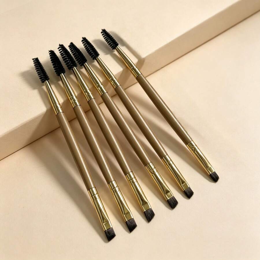 6pcs Double-Ended Eyebrow Brush Set, Multi-Color Gold/Silver/Rose Gold Dual-Sided Eyebrow And Eyelash Brush, Eyelash Curler Set, Portable Eyebrow Care Makeup Tools