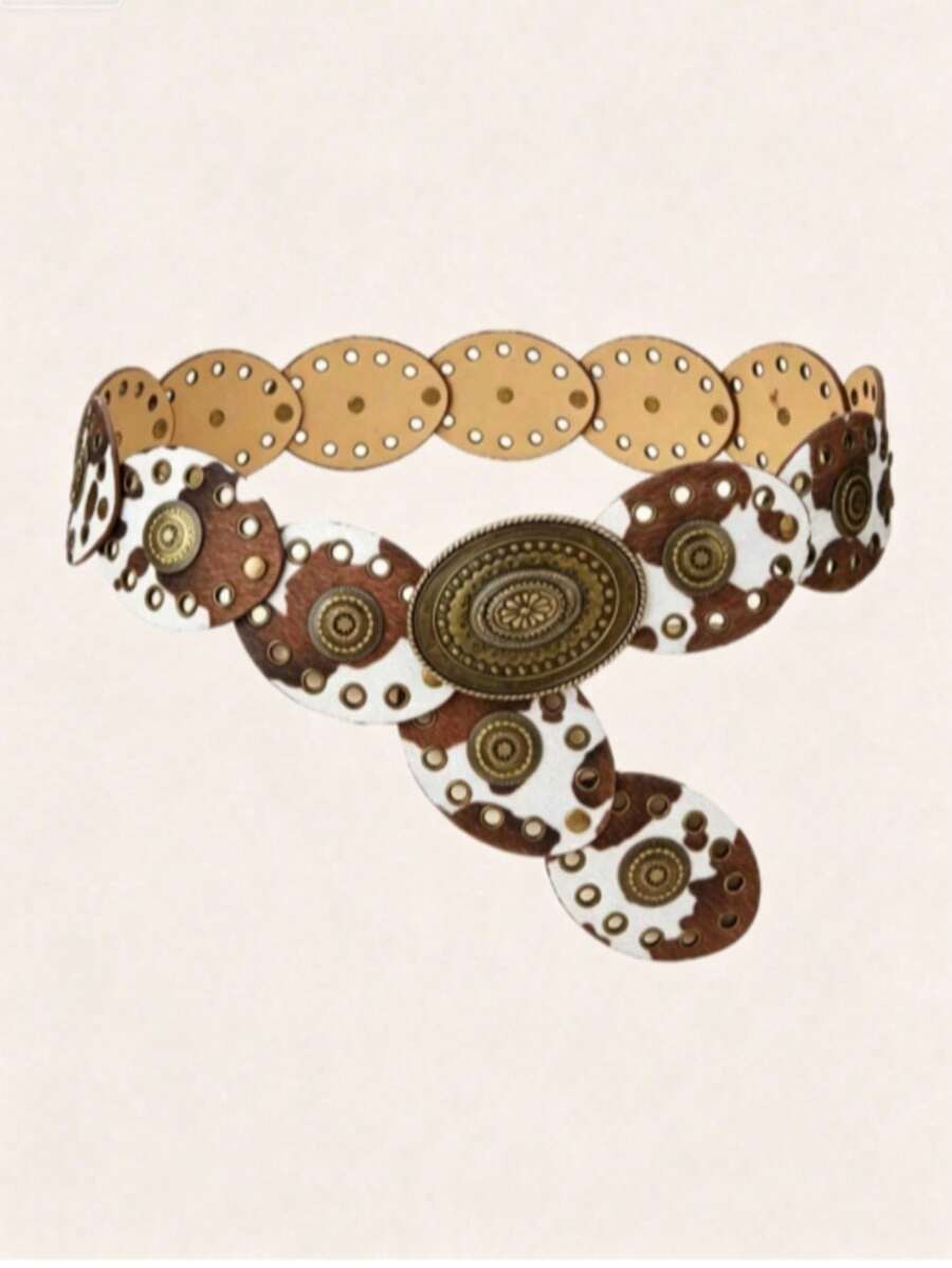 1pc Western Cowboy Style Women's Belt, Bohemian Style. Suitable For Women To Wear, Perfect Accessory For Cowboy Outfits. This Belt Has A Bold And Generous Design, Belonging To Western Style Decorative Items. Very Suitable For Autumn And Winter Wear, Its Flower Buckle Is Vintage Bronze Color, With An Oval Design, Made Of Suede Material. Can Be Used As An Accessory For Dresses, Also Suitable For Parties, Beach Vacations Or Music Festivals. - Oval Cow Pattern - View 1