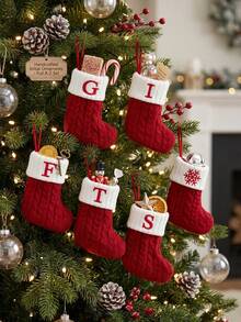 1Pc Red Knitted Christmas Hanging Stocking, Initial Letter A-Z Knitted Xmas Stocking, Ornament Stocking, Christmas Tree Decoration, Christmas Gift, Merry Christmas Party Decor, Christmas Decoration, Xmas Decor, Decor, Decor, Christmas Home Decor - Multicolor - View 3
