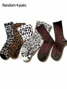 4 Pairs Women's Leopard Print Fashion Casual Mid-Calf Socks, Breathable And Comfortable, Random Colors, Suitable For Daily Wear And Outings, Suitable For All Seasons - Multicolor - View 8