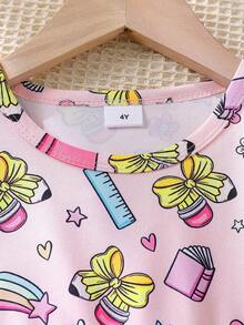 1pc Young Girl Casual Back To School Pencil Bow Ruler Print Dress, Soft Comfortable Knit Fabric, Suitable For Outdoor Wear, Spring/Summer - Pink - View 4