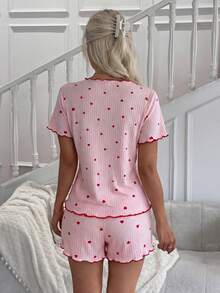 New Ribbed Heart Print Large Scoop Neck Short Sleeve Long Pants & Shorts 3 PiecesPajama Set For Women - Pink - View 4