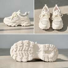 35-40 Size Rhinestone Decorated Mesh Thick Sole Solid Color Sports Lace-Up Commuter Chunky Sneakers Outdoor All Season Rhinestone Height Increasing - White - View 17