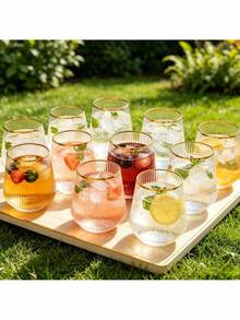 4/2/1pc Impact-Resistant Gold Striped Vertical Cups, Suitable For Beverages, Cold Drinks, Juices, Champagne, Sparkling Water, Perfect For Parties, Weddings, Birthdays, Camping And Catering Services - Multicolor - View 2