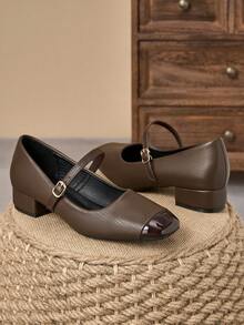 MonaNise Square Toe Low Block Heel Work Pumps - Brown - View 2