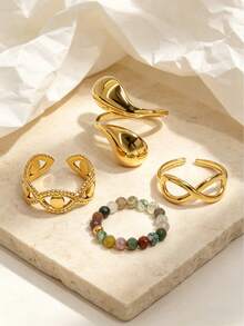 Juego de 3/5 anillos apilables de estilo bohemio en color dorado, que incluye anillo de ojo malvado, símbolo de infinito, anillo abierto en forma de lágrima y anillo decorado con cuentas de piedra natural, hecho de acero inoxidable resistente al agua, adecuado para uso diario - Colocar - Ver 9