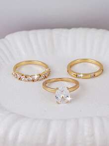 3pcs Sparkling Oval Cubic Zirconia Ring Set, Women's Daily Date, Wedding, Prom, Party Accessories, Bride Stackable Wedding Rings - Yellow Gold - View 2