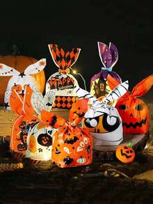 50pcs Halloween Rabbit Ear Shaped Plastic Gift Bags, Classic Pumpkin And Spider Web Print Storage Bags, Reusable Halloween Party Favor Bags, Holiday Table Decor, Carnival, Masquerade, Holiday Party Decoration Packaging Bags - Multicolor - View 5