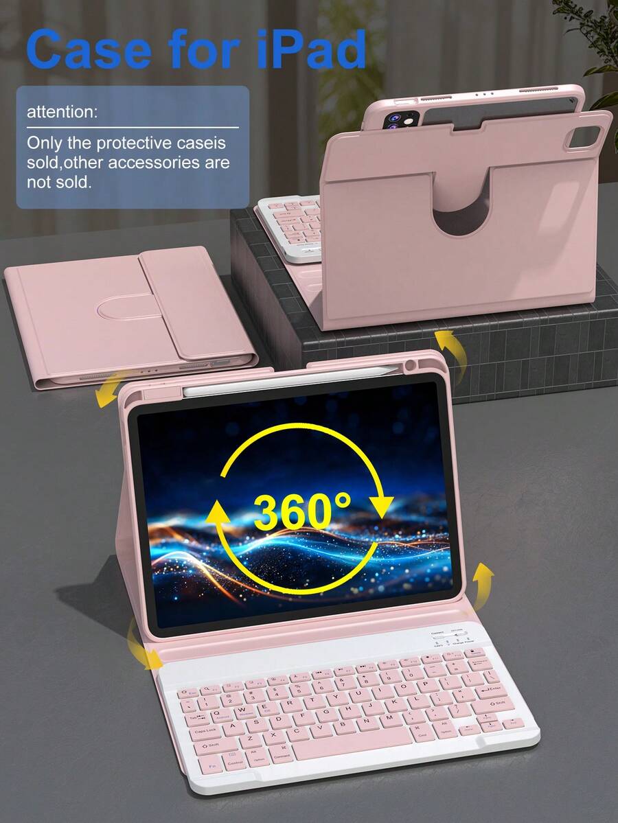 360°旋转键盘保护套，兼容iPad A16（第11/10代）、第9/8/7代（10.2英寸）、iPad Air（10.9/11英寸），采用TPU翻盖PU皮革材质，内置无线蓝牙键盘（150mAh电池）和支架，粉色